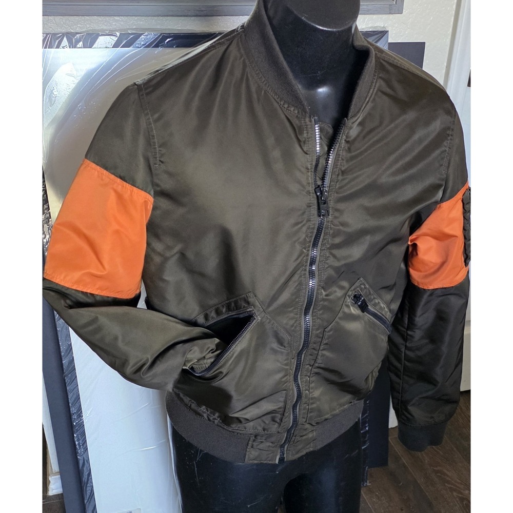 Tommy Hilfiger Mens Bomber Jacket Olive Green Orange Quilted Water Resistant M
